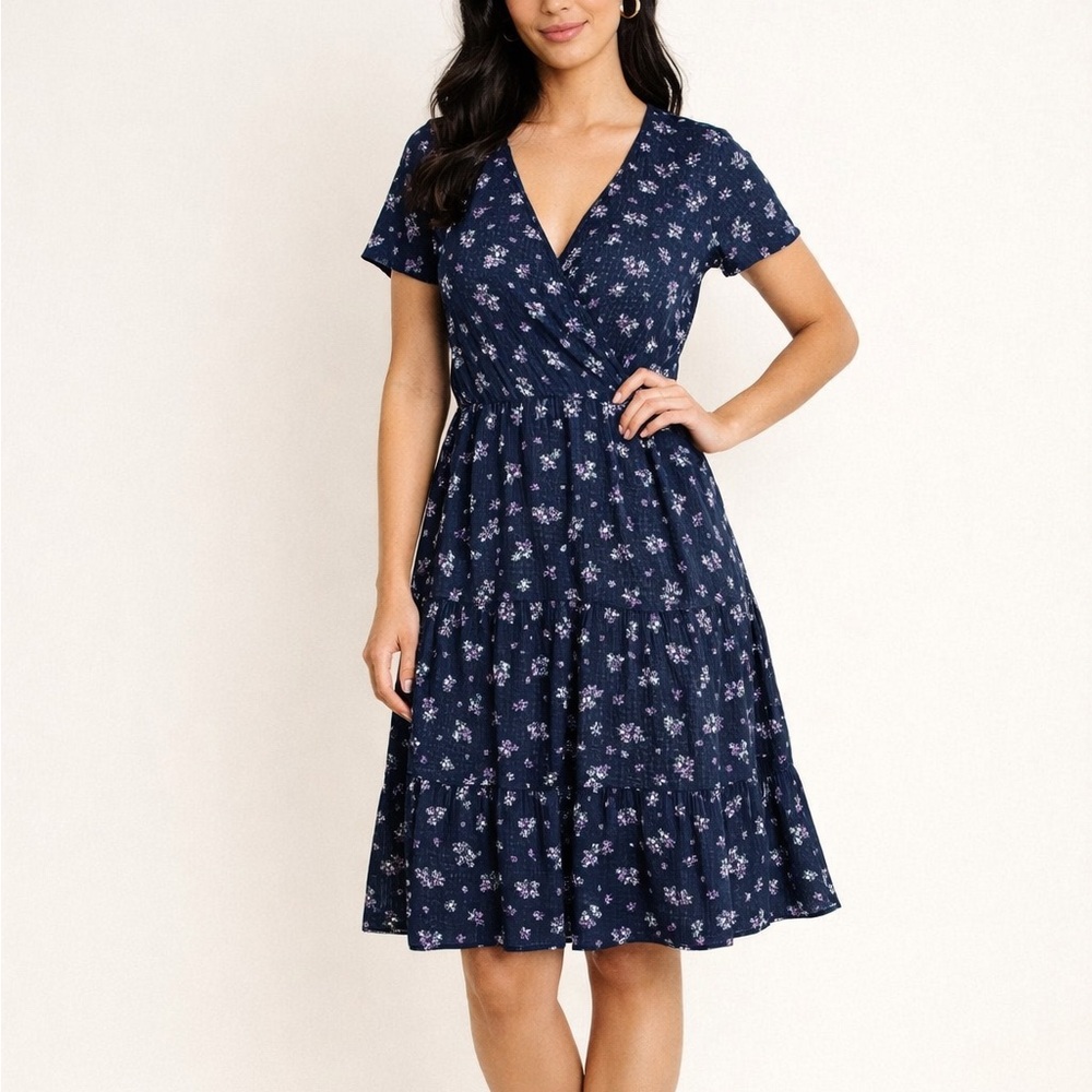 No Boundaries Navy Floral Wrap Tiered Midi Dress